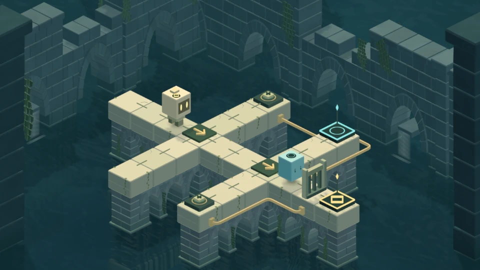 Stone keepers and branching paths in the flooded courtyards of Once in Stone.